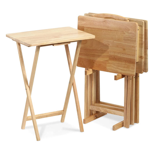 Folding TV Tray Tables with Storage Rack, Natural, 5 Piece Set
