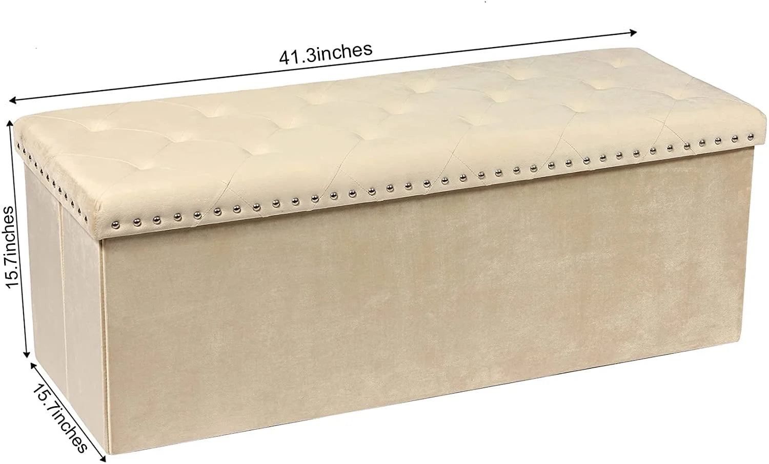 43.3" Beige Velvet Ottoman Storage, Extra Large End of Bed Storage Box with Lids, Footstool Folding Ottoman Bench Window Seat with Rivet