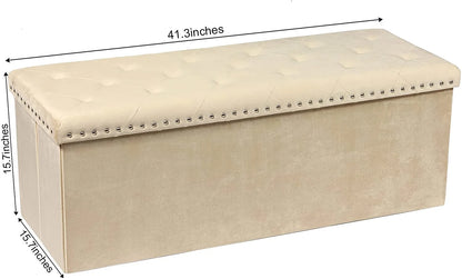 43.3" Beige Velvet Ottoman Storage, Extra Large End of Bed Storage Box with Lids, Footstool Folding Ottoman Bench Window Seat with Rivet