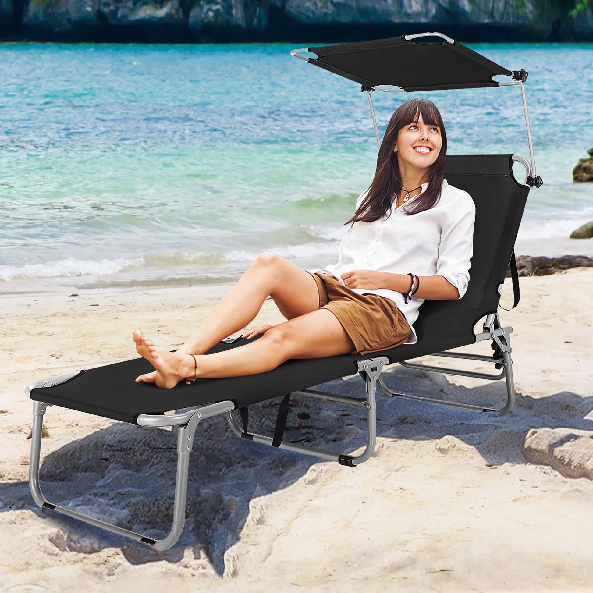 Foldable Sun Shading Lounge Chair Adjustable Beach Sunbathing Recliner W/Pocket