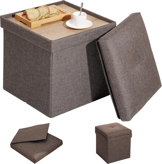 Storage Ottoman with Tray, Square Folding Ottoman Coffee Table, Portable Footrest Stool, Brown