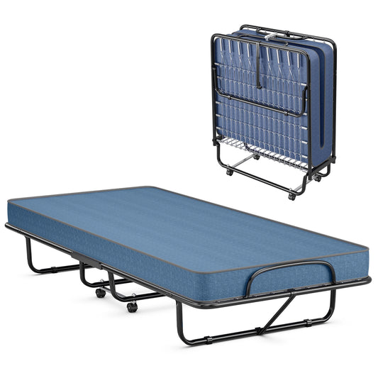 Folding Bed with Mattress Portable Rollaway Guest Cot Memory Foam Made in Italy Navy