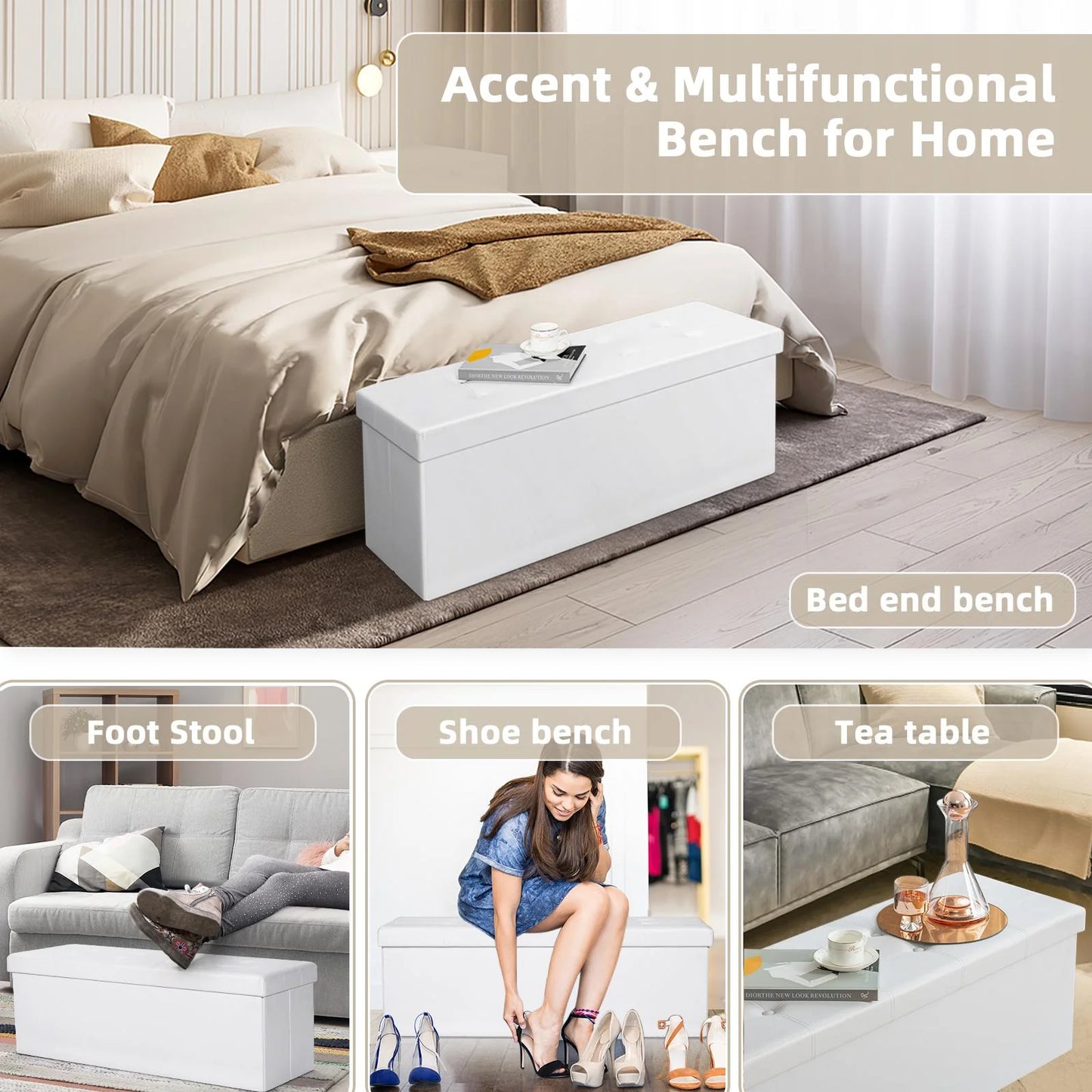 Ottoman Storage Bench 45'' Faux Leather, 165L Oversized Storage Folding Chest Footrest Padded Seat for Bedroom