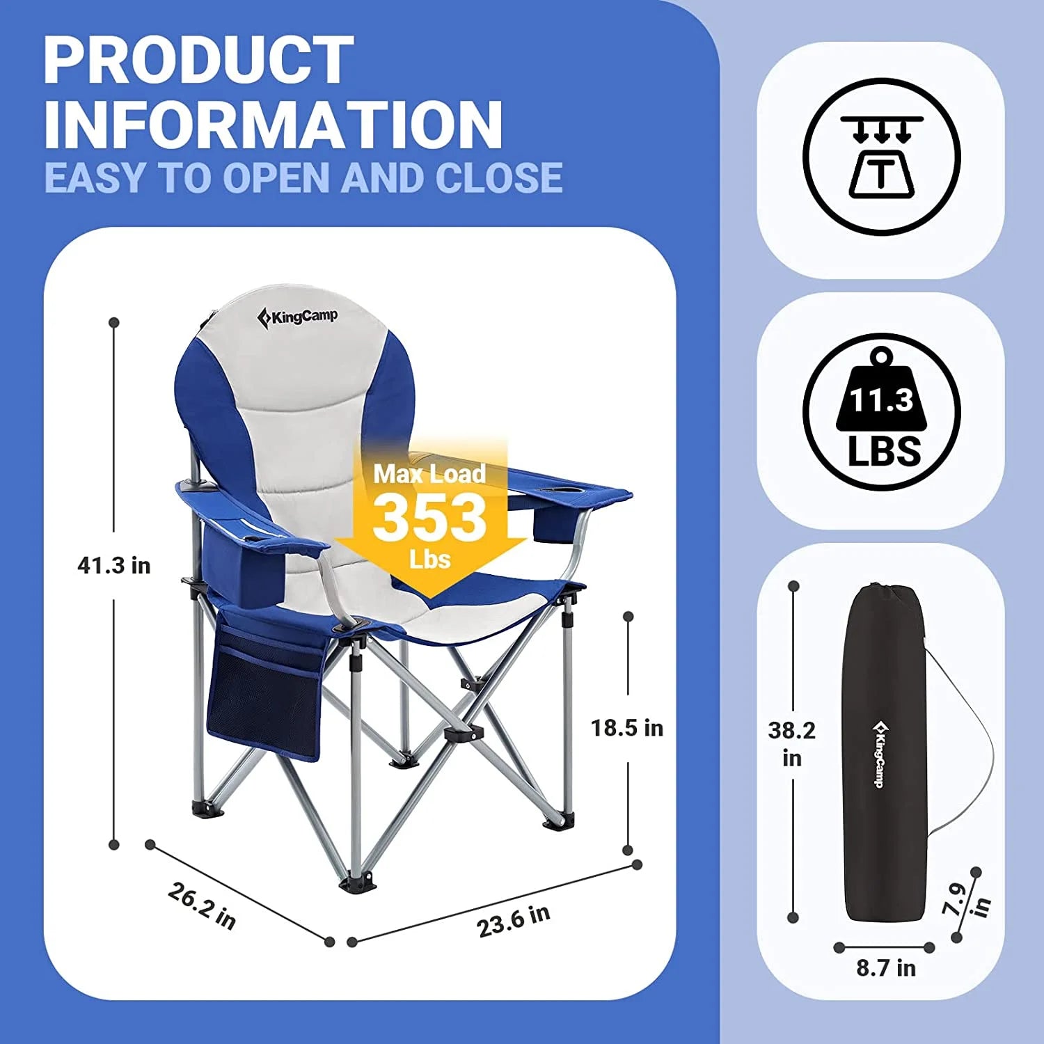 Oversized Camping Chairs Folding Heavy Duty Padded Lawn Chair with Lumbar Support for Adults Outdoors Fishing Picnic Travel Blue