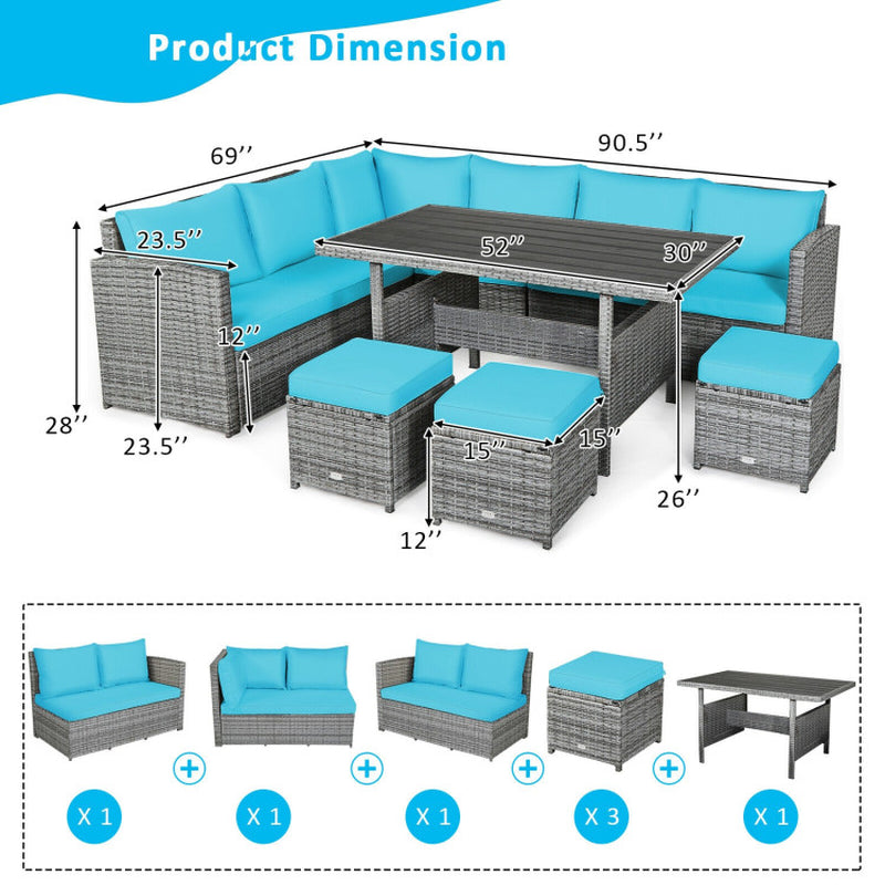 7 Pieces Outdoor Wicker Sectional Sofa Set with Dining Table