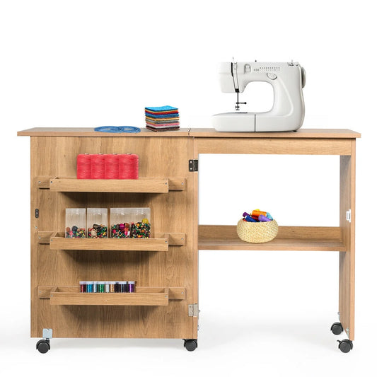 Folding Table Shelf Storage Craft Table Cabinet Home Furniture W/ Wheels Natural