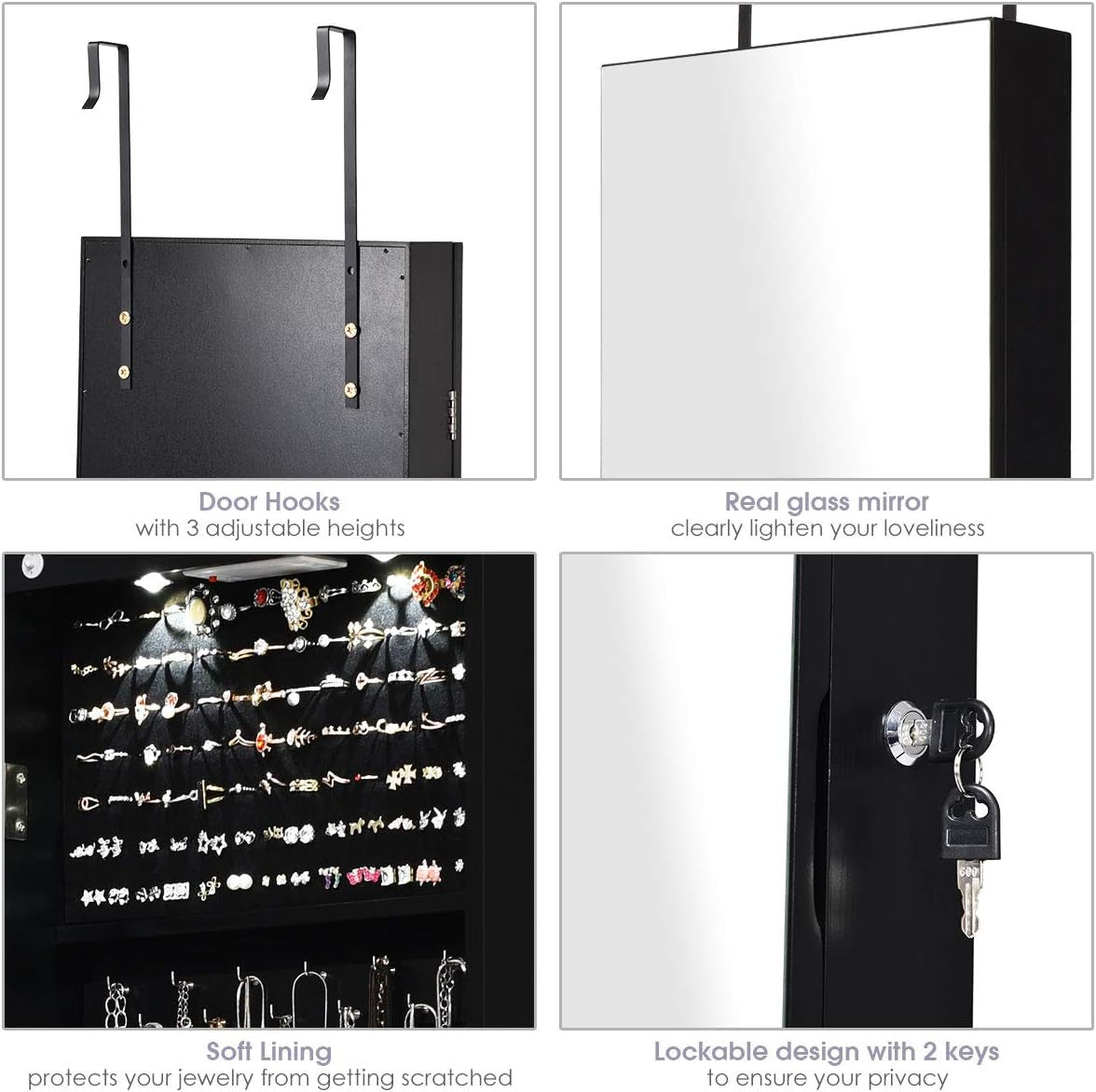 Wall Door Mounted Jewelry Armoire Cabinet with 47.5" H Full Length Mirror, 2 Leds Lockable Jewelry Organizer Box with Bracelet Rod, 2 Drawers, Large Storage Capacity (Black)