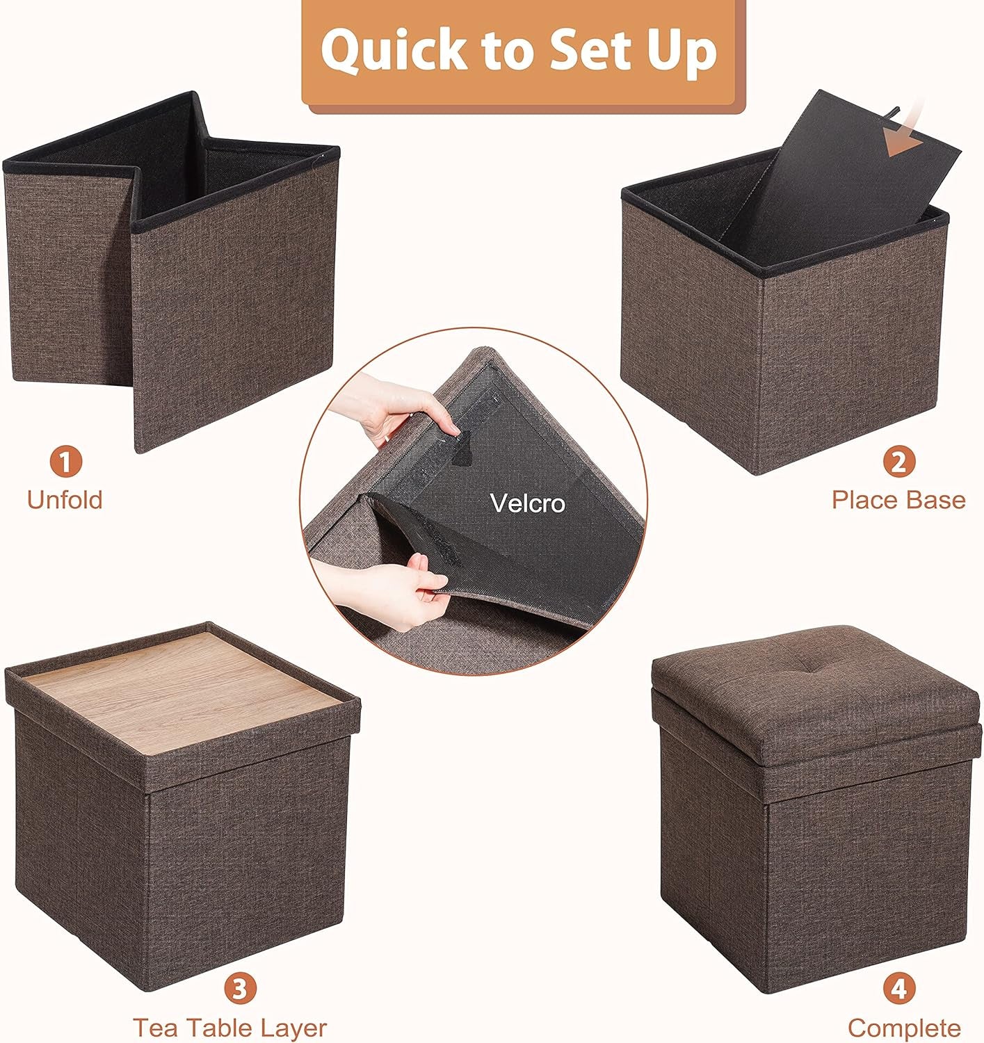 Storage Ottoman with Tray, Square Folding Ottoman Coffee Table, Portable Footrest Stool, Brown