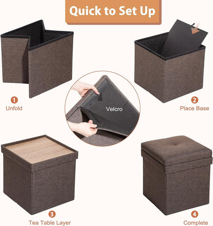 Storage Ottoman with Tray, Square Folding Ottoman Coffee Table, Portable Footrest Stool, Brown
