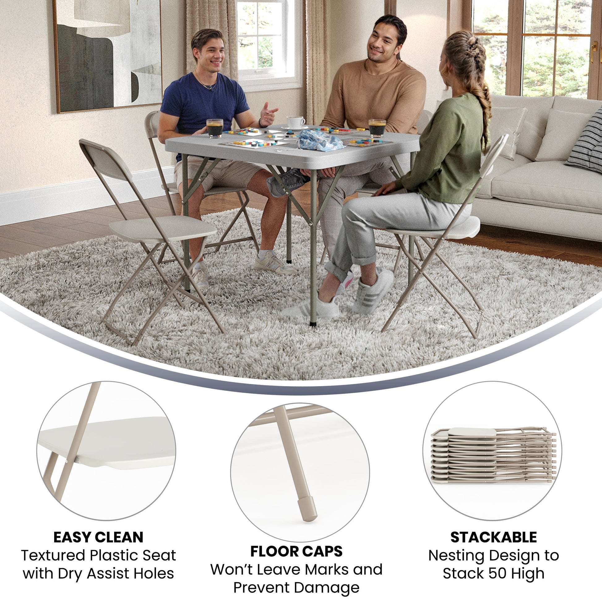Hercules Series Plastic Folding Chair Beige - 2 Pack 650LB Weight Capacity Comfortable Event Chair-Lightweight Folding Chair