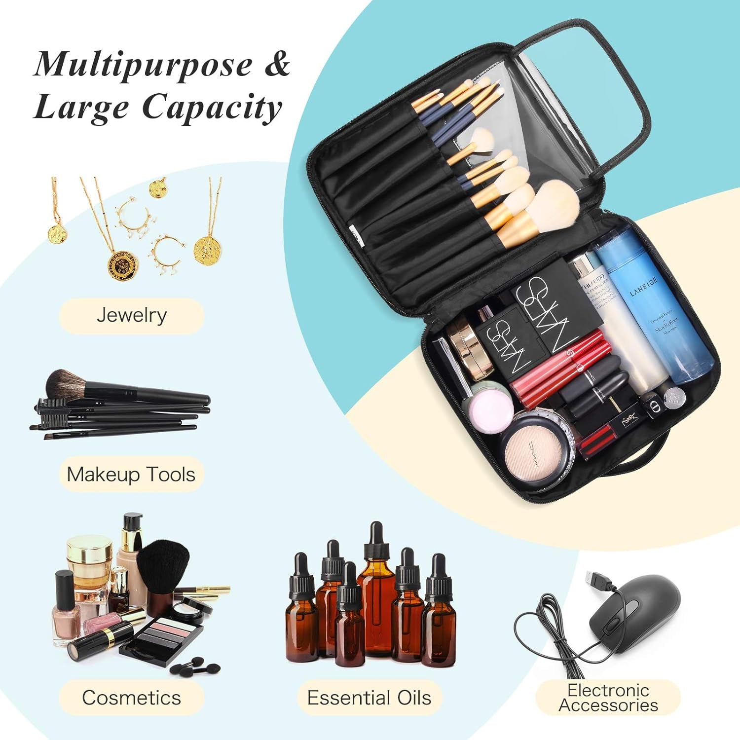 Makeup Bag and Jewelry Bag for Women with Compartments Waterproof Makeup Bag and Jewelry Bag for Women (Black)