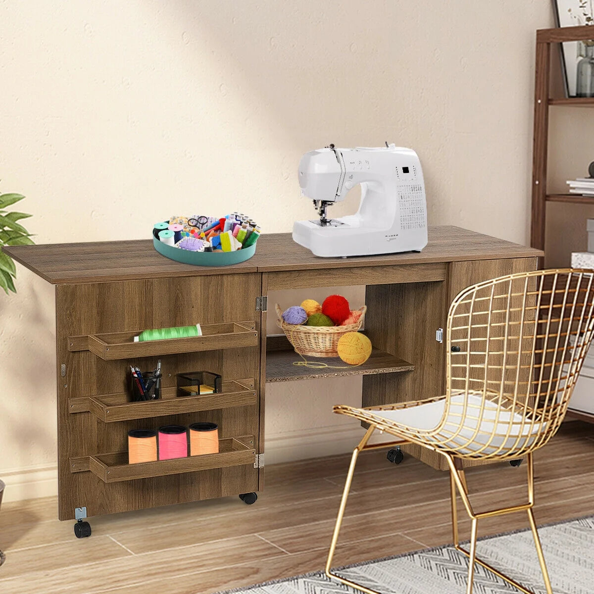 Folding Sewing Table Shelves Storage Cabinet Craft Cart W/Wheels Large Natural