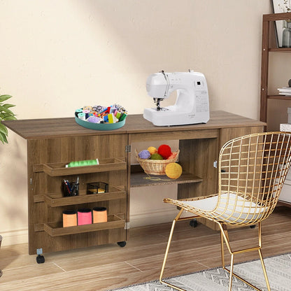 Folding Sewing Table Shelves Storage Cabinet Craft Cart W/Wheels Large Natural