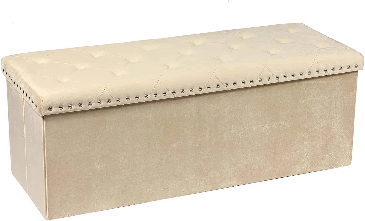 43.3" Beige Velvet Ottoman Storage, Extra Large End of Bed Storage Box with Lids, Footstool Folding Ottoman Bench Window Seat with Rivet
