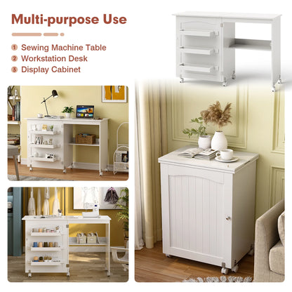 White Folding Sewing Craft Table with Storage Shelves Cabinet Lockable Wheels