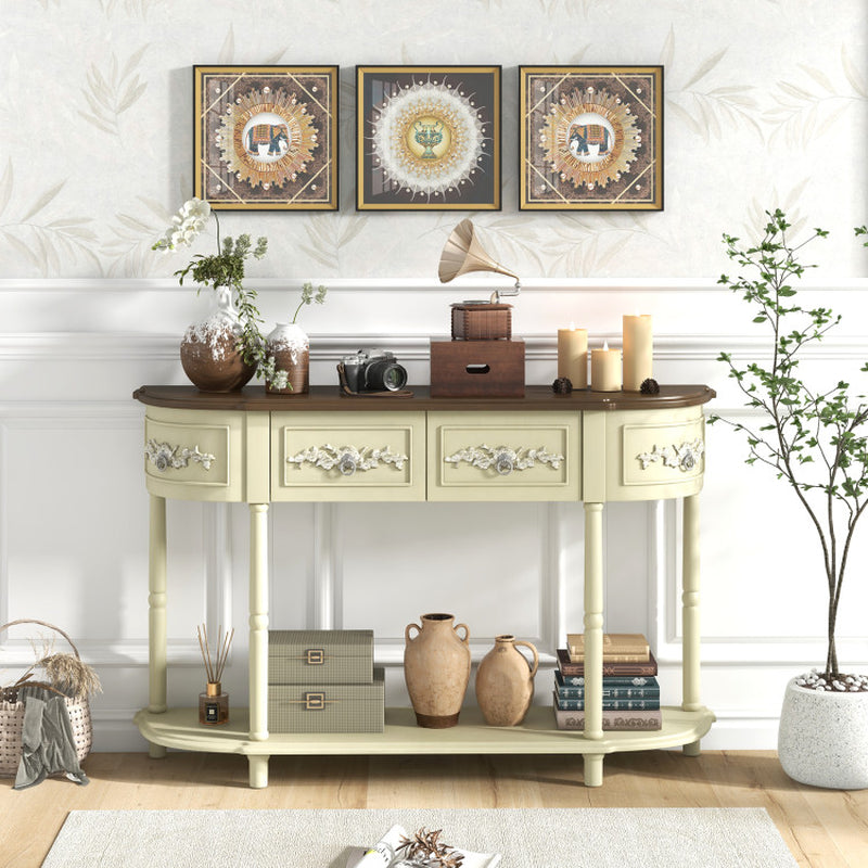 Retro Curved Console Table with Drawers and Solid Wood Legs