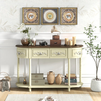 Retro Curved Console Table with Drawers and Solid Wood Legs