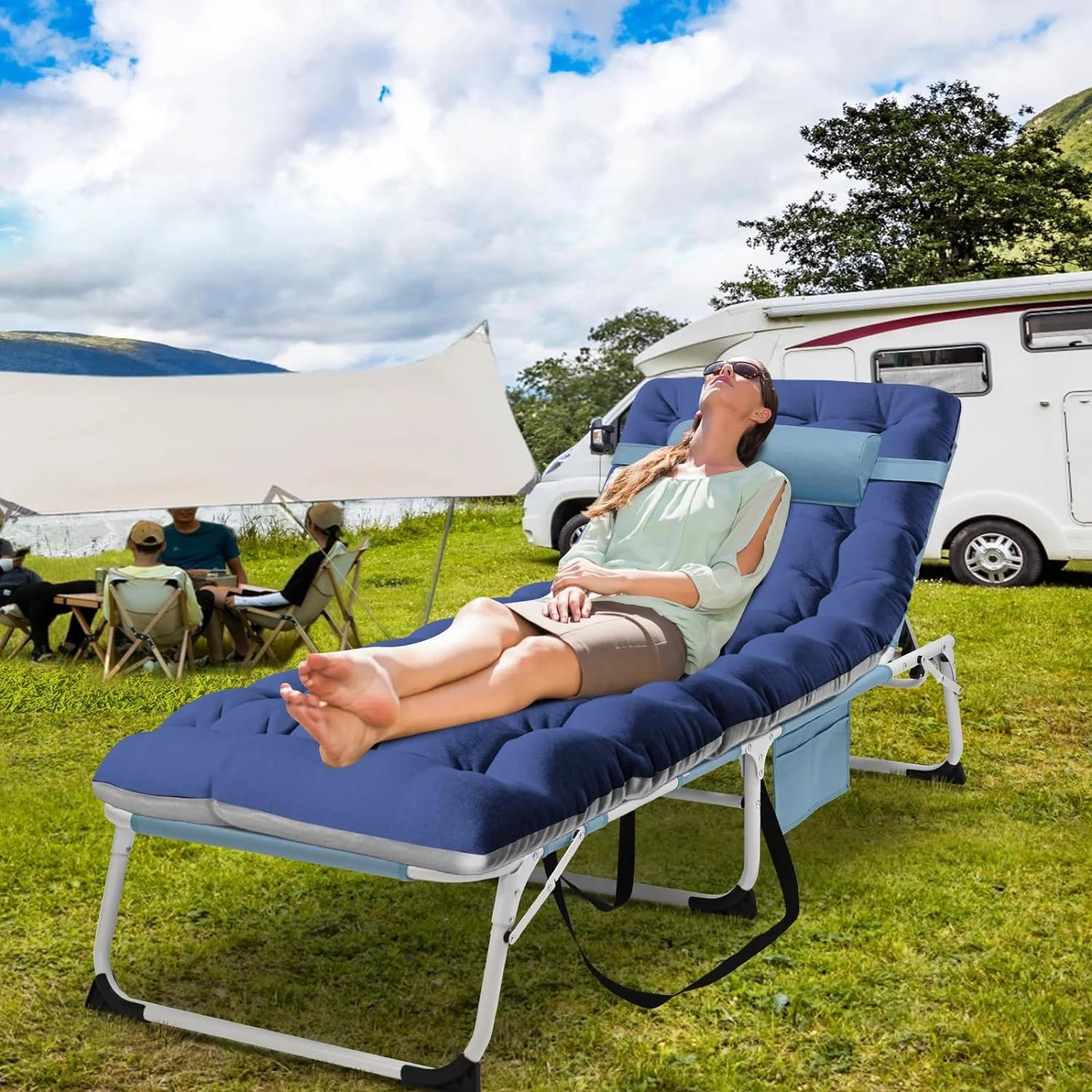 3-In-1 Face down Tanning Chair, Folding Lounge Chair with Face & Arm Hole, 5-Position Adjustable Camping Cot, 2-Sided Cushion, Pillow & Carry Straps for Beach & Outdoor