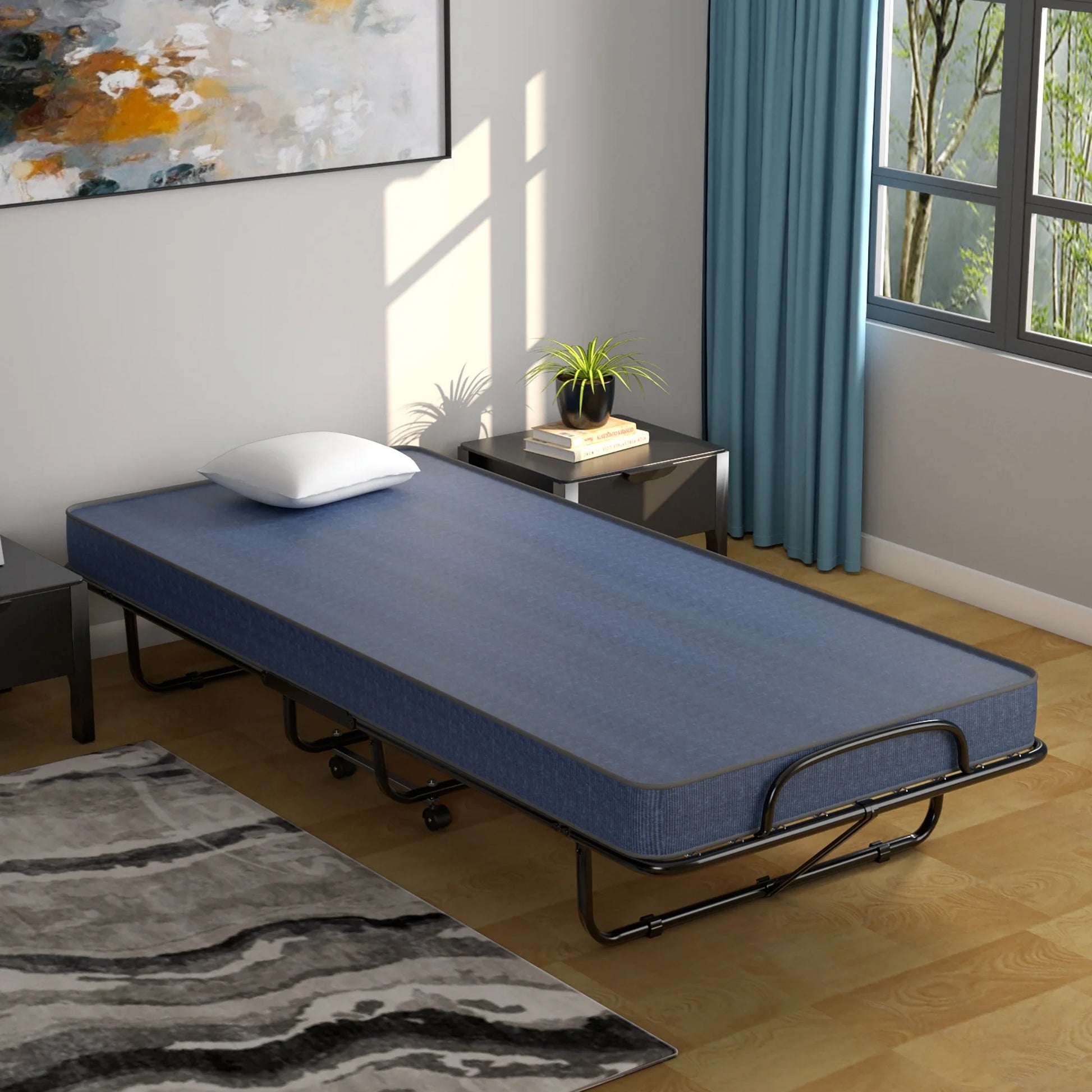 Folding Bed with Mattress Portable Rollaway Guest Cot Memory Foam Made in Italy Navy