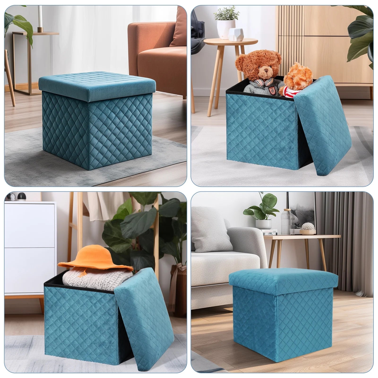 Folding Storage Ottoman Cube Velvet Tufted Space-Saving Toy Box Foot Rest Stool Seat for Home Bedroom, 11.8"