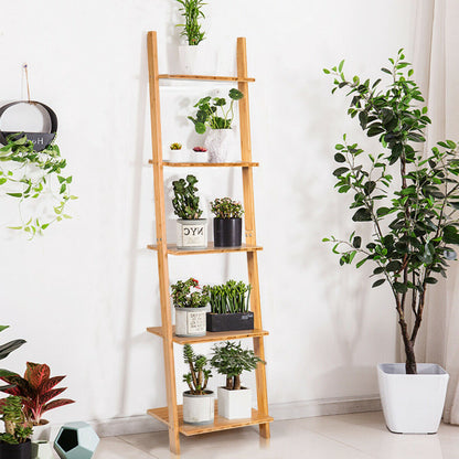 5-Tier Modern Bamboo Wall-Leaning Display Ladder Bookshelf