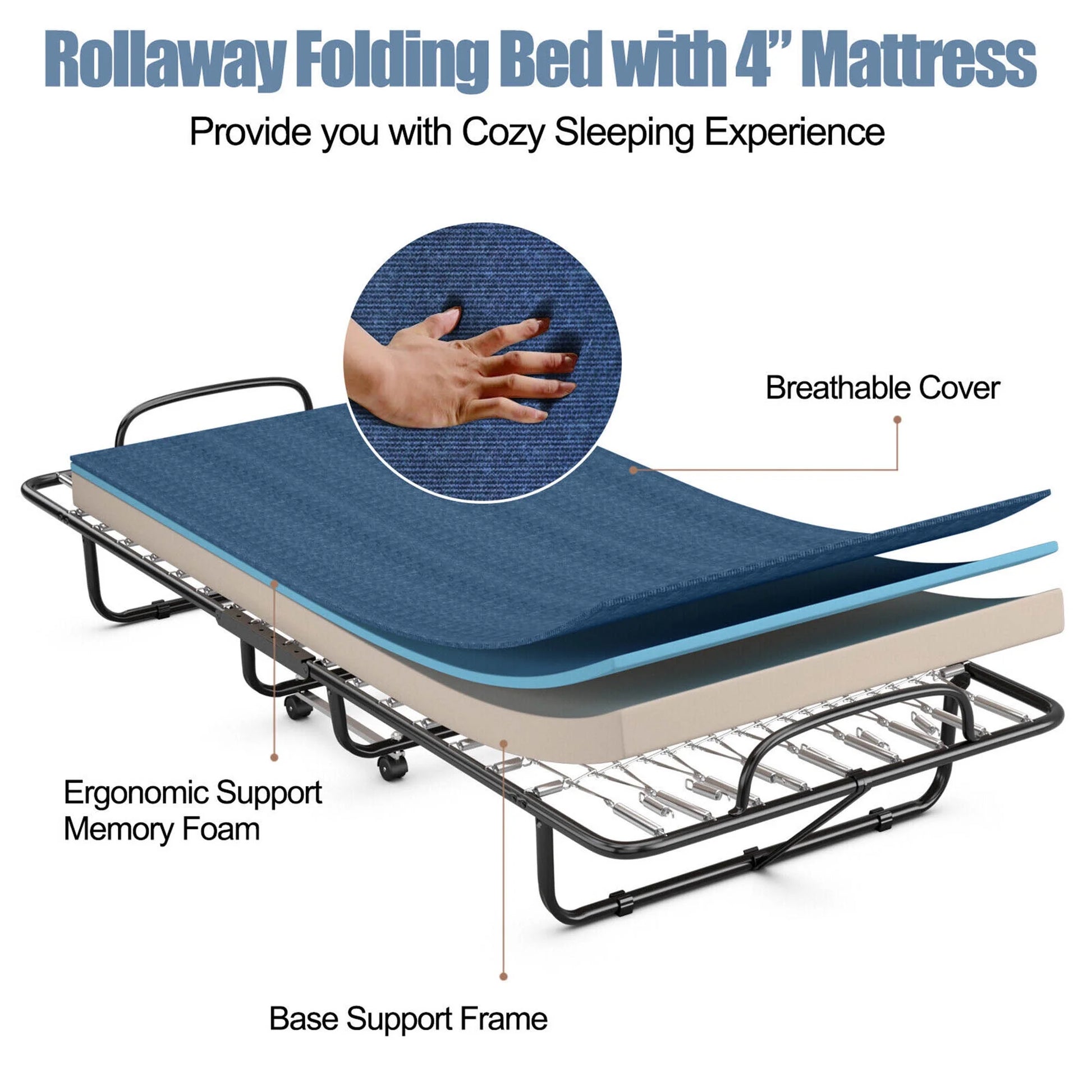 Folding Bed with Mattress Portable Rollaway Guest Cot Memory Foam Made in Italy Navy