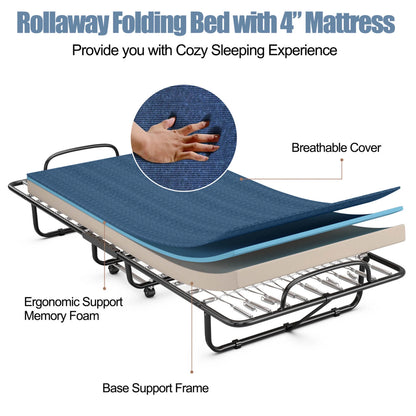 Folding Bed with Mattress Portable Rollaway Guest Cot Memory Foam Made in Italy Navy