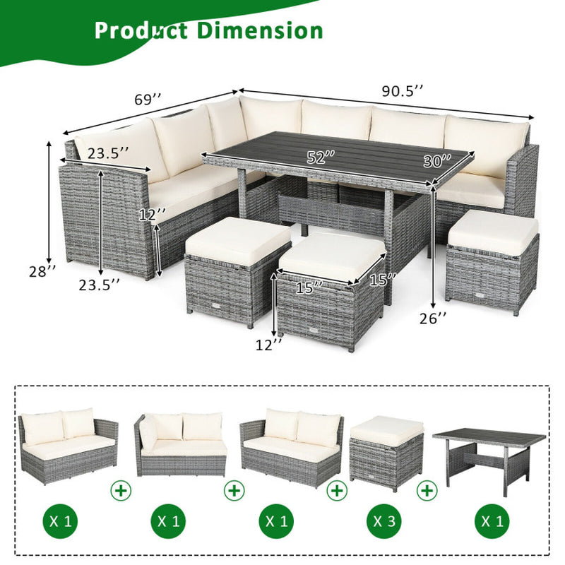 7 Pieces Outdoor Wicker Sectional Sofa Set with Dining Table