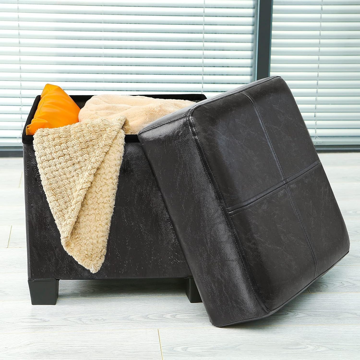 Storage Ottoman Cube Folding Footstool PU Leather Storage Bench with Legs, Storage Chest for Living Room, Bedroom, 15.7 X 15.7 X15.7 Inches, Black