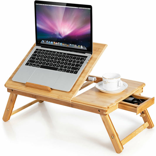 Adjustable Bamboo Laptop Desk with Tilting Top and Drawer