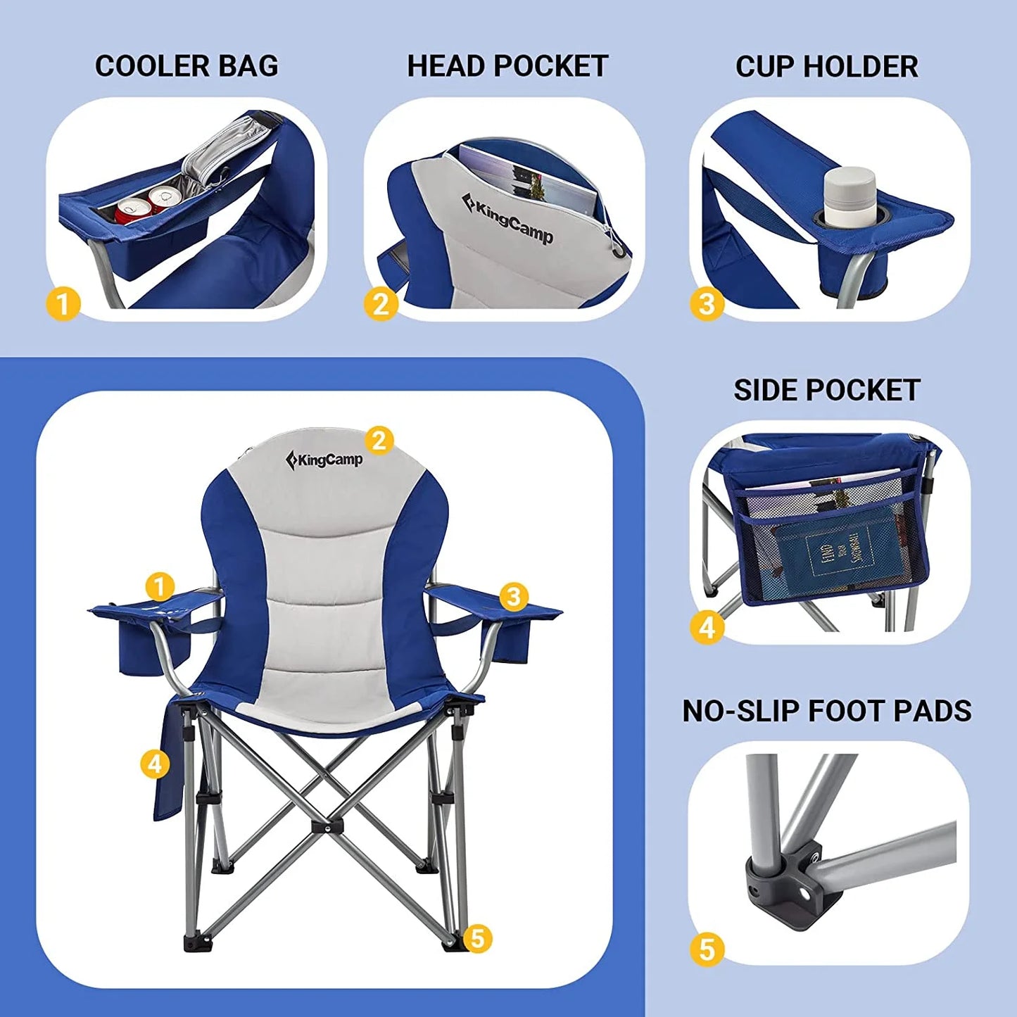Oversized Camping Chairs Folding Heavy Duty Padded Lawn Chair with Lumbar Support for Adults Outdoors Fishing Picnic Travel Blue