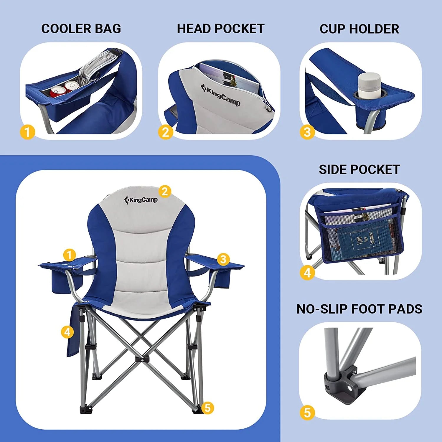 Oversized Camping Chairs Folding Heavy Duty Padded Lawn Chair with Lumbar Support for Adults Outdoors Fishing Picnic Travel Blue