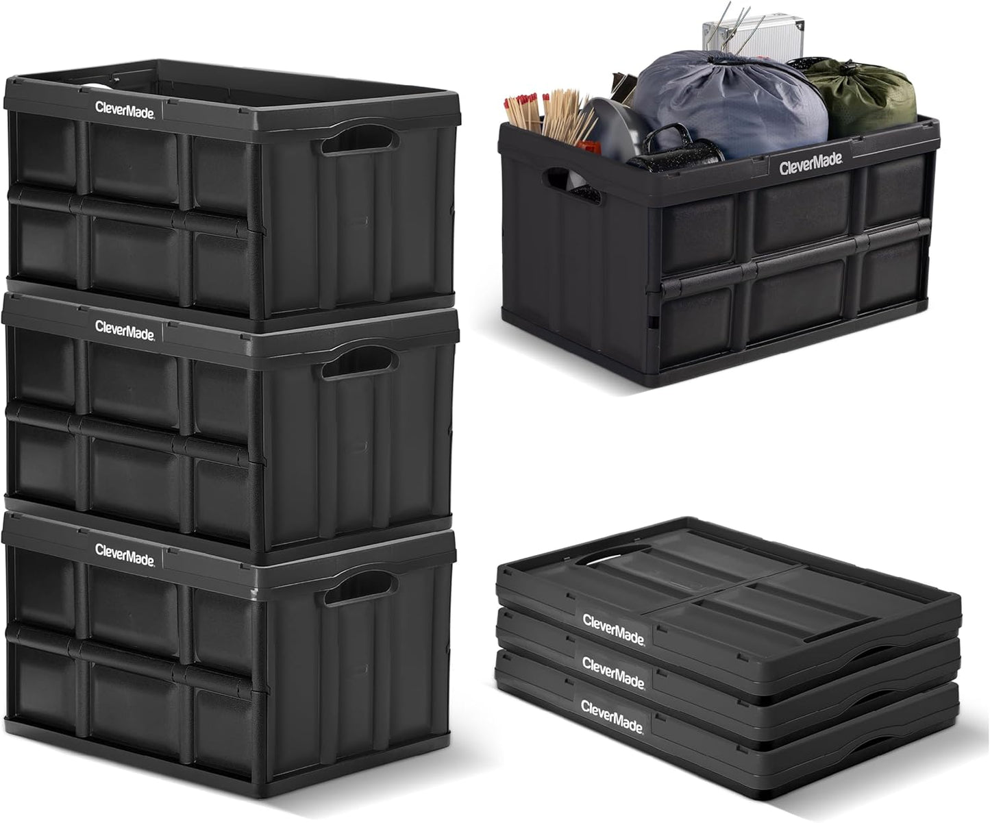 Collapsible Storage Bins - Black 3 Pack 62L / 16 Gal Holds 100 Lbs - Stackable Containers Heavy Duty Capacity Crates Space-Saving