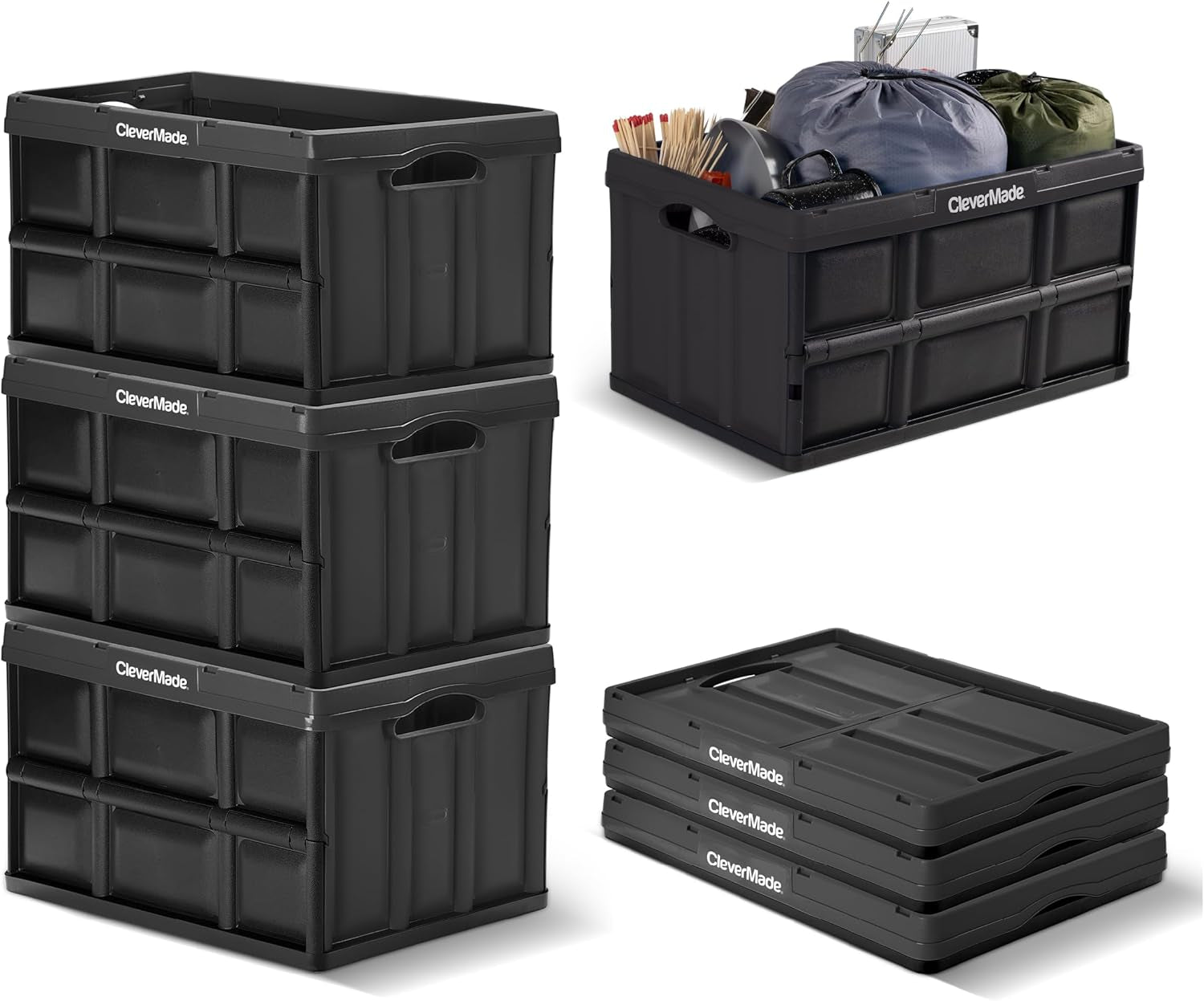 Collapsible Storage Bins - Black 3 Pack 62L / 16 Gal Holds 100 Lbs - Stackable Containers Heavy Duty Capacity Crates Space-Saving