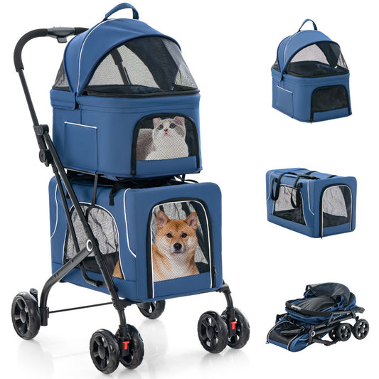 Double Pet Stroller Foldable 3-In-1 Dog Stroller with 2 Detachable Carriers