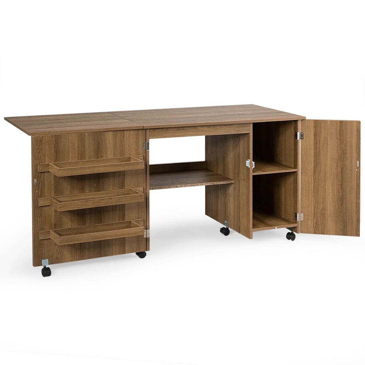 Folding Sewing Table Shelves Storage Cabinet Craft Cart W/Wheels Large Natural
