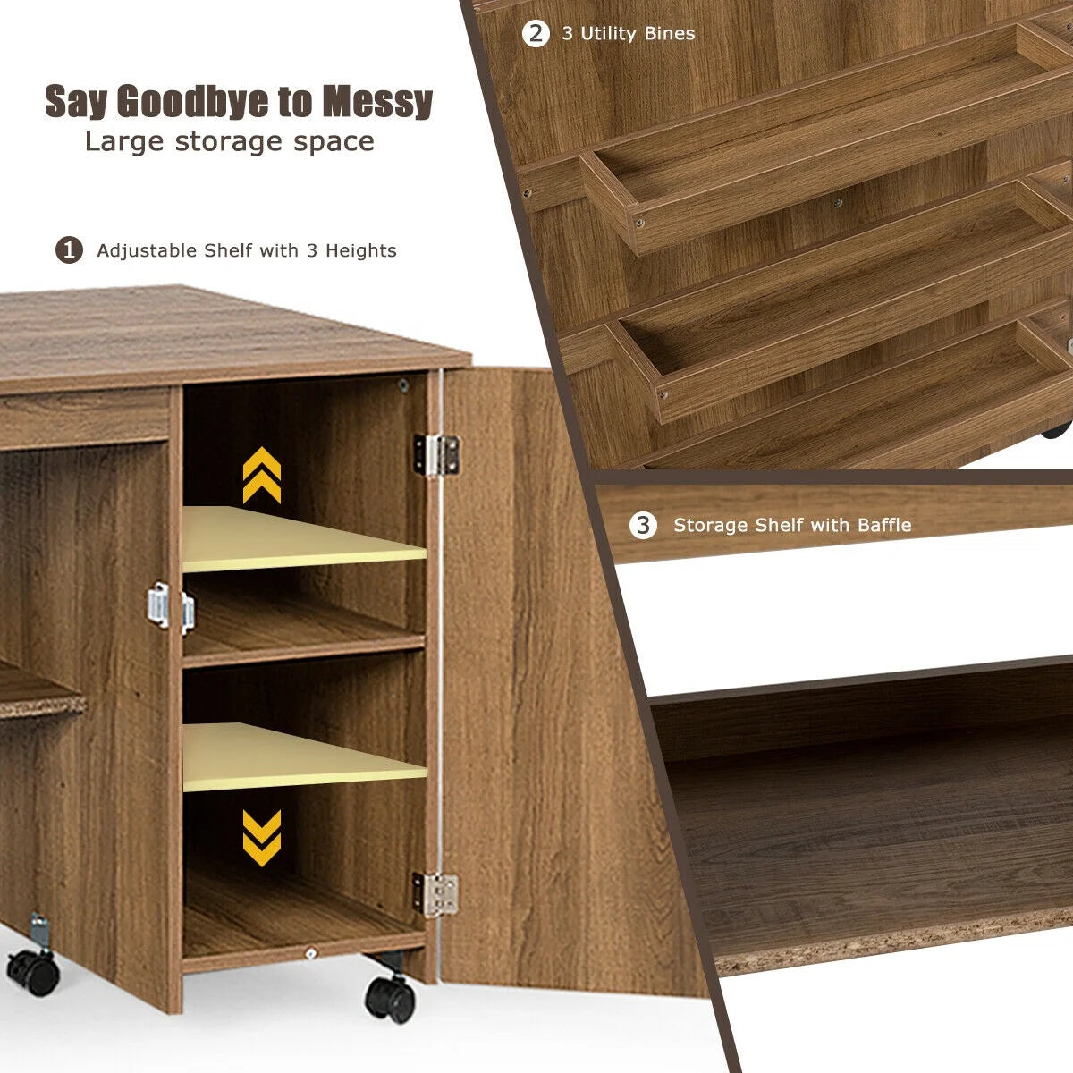 Folding Sewing Table Shelves Storage Cabinet Craft Cart W/Wheels Large Natural