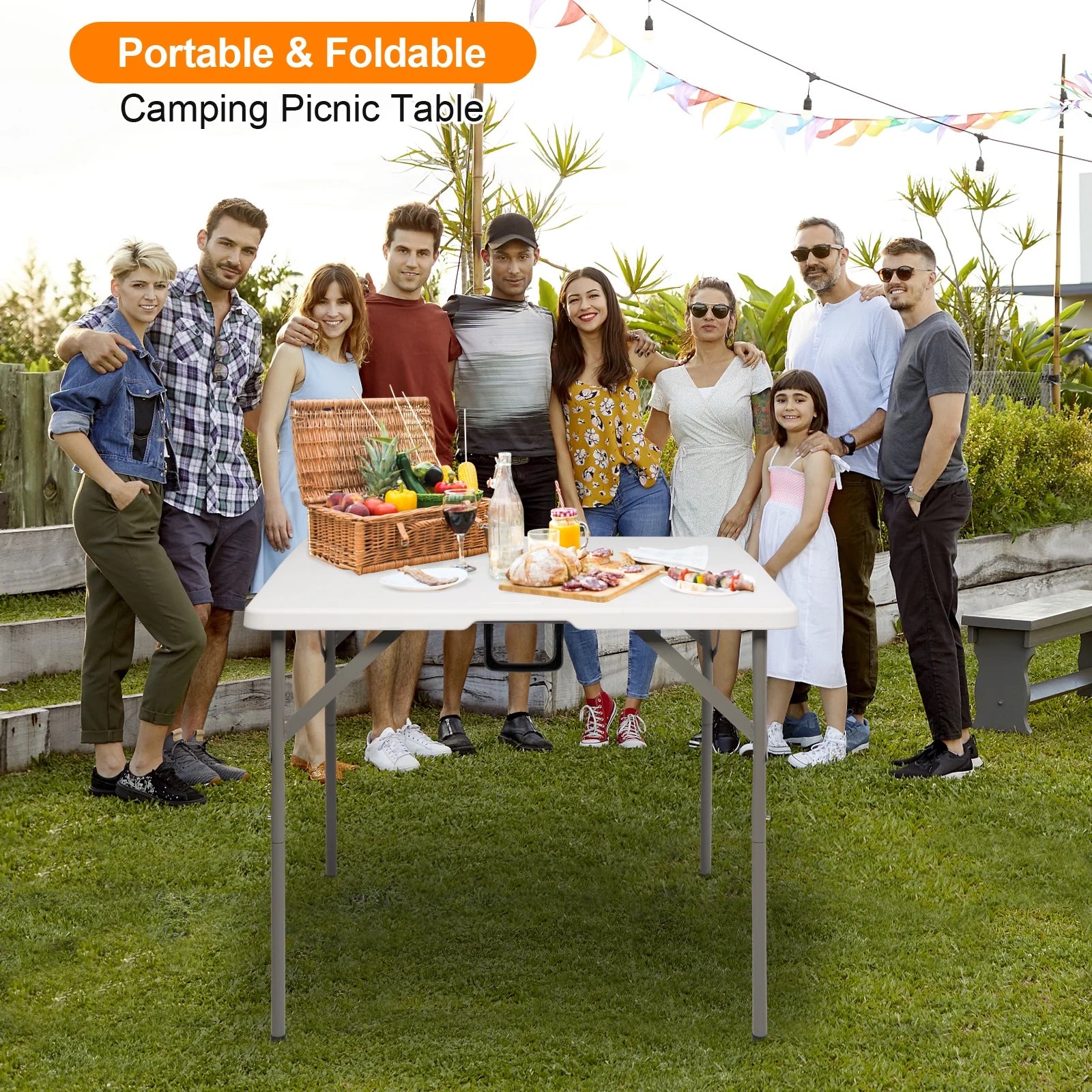 34 Inch Square Granite White Plastic Folding Table, 34 in Square Picnic Table for Outdoor and Indoor, Yard, Garden, Lawn, White