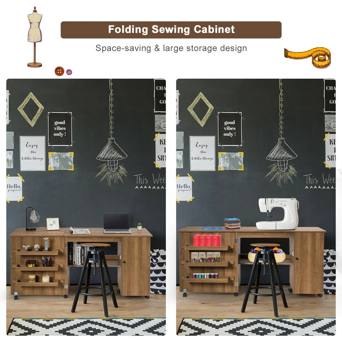 Folding Sewing Table Shelves Storage Cabinet Craft Cart W/Wheels Large Natural