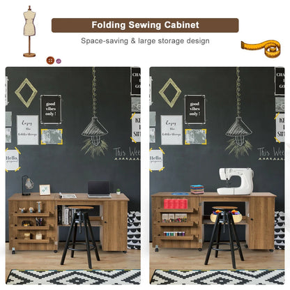 Folding Sewing Table Shelves Storage Cabinet Craft Cart W/Wheels Large Natural