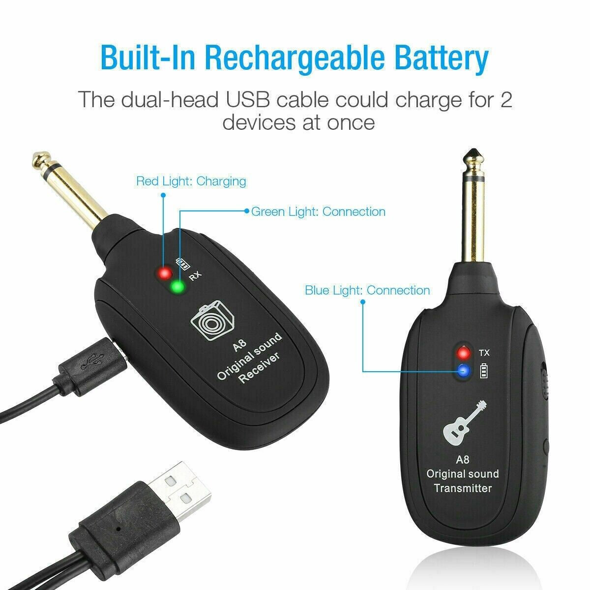 UHF Guitar Wireless System Transmitter+Receiver Built in Rechargeable Battery