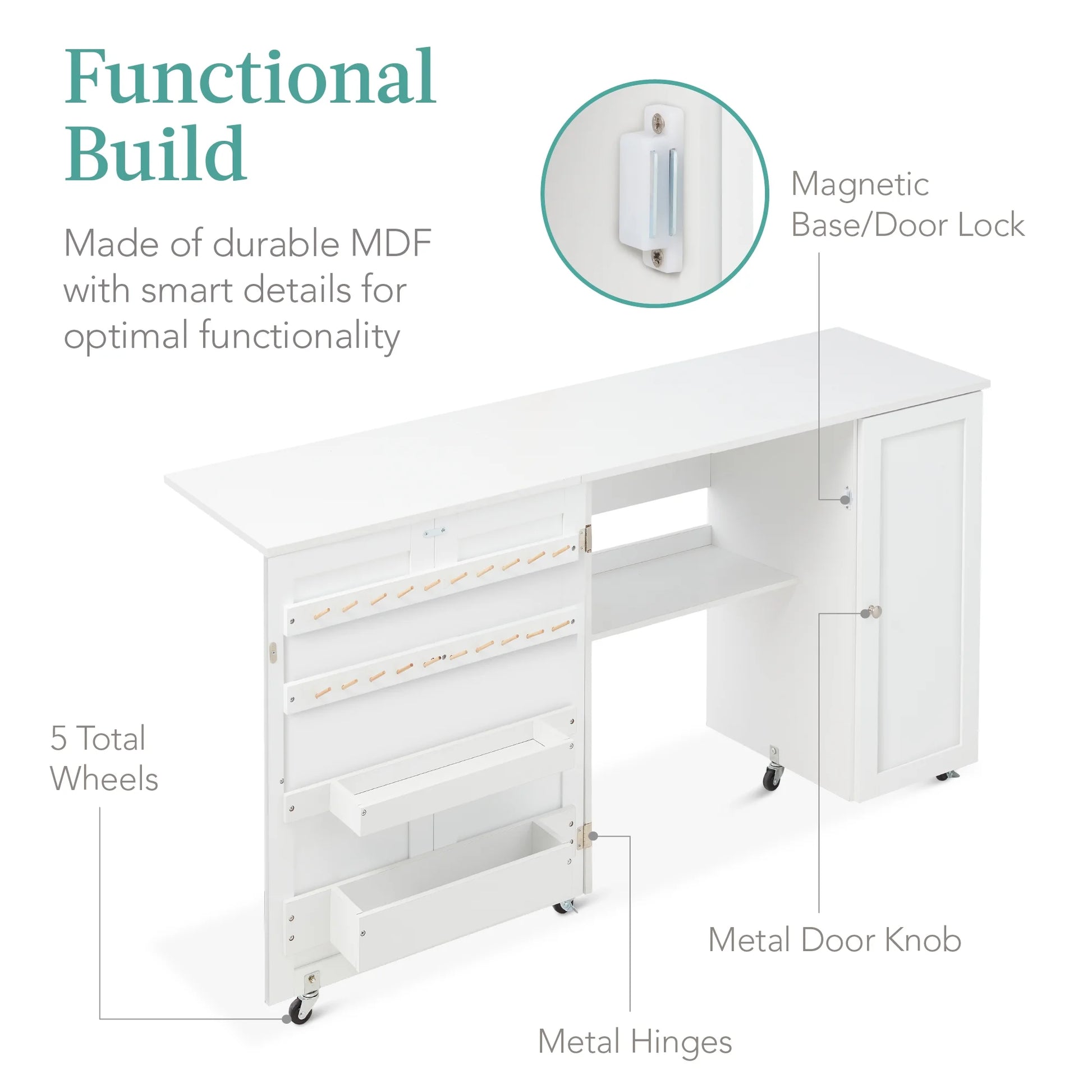 Large Portable Multipurpose Folding Sewing Table W/ Magnetic Doors, Craft Storage - White