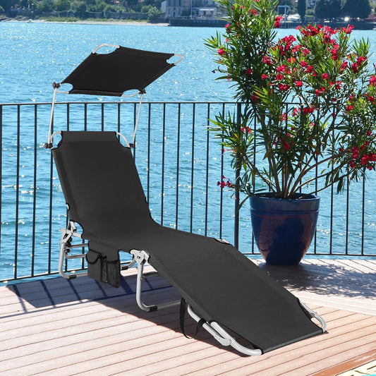 Foldable Sun Shading Lounge Chair Adjustable Beach Sunbathing Recliner W/Pocket