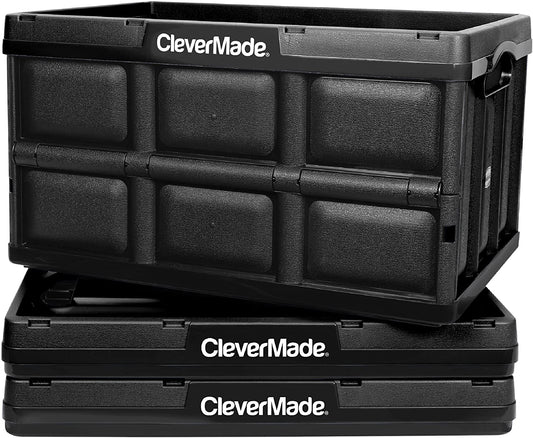 Collapsible Storage Bins - Black 3 Pack 62L / 16 Gal Holds 100 Lbs - Stackable Containers Heavy Duty Capacity Crates Space-Saving