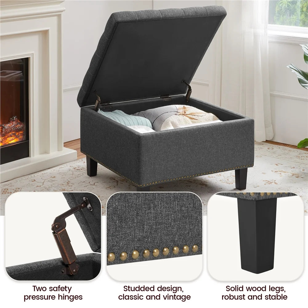 Modern Linen-Like Storage Ottoman Bench with Button-Tufted for Entryway, Dark Gray