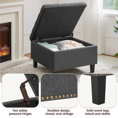 Modern Linen-Like Storage Ottoman Bench with Button-Tufted for Entryway, Dark Gray