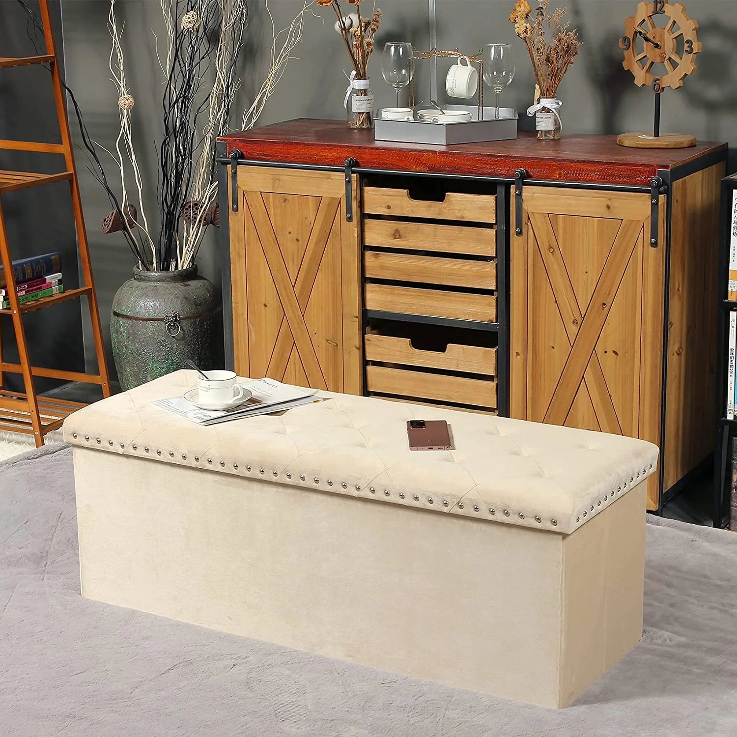 43.3" Beige Velvet Ottoman Storage, Extra Large End of Bed Storage Box with Lids, Footstool Folding Ottoman Bench Window Seat with Rivet