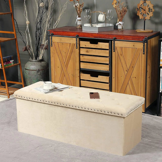 43.3" Beige Velvet Ottoman Storage, Extra Large End of Bed Storage Box with Lids, Footstool Folding Ottoman Bench Window Seat with Rivet
