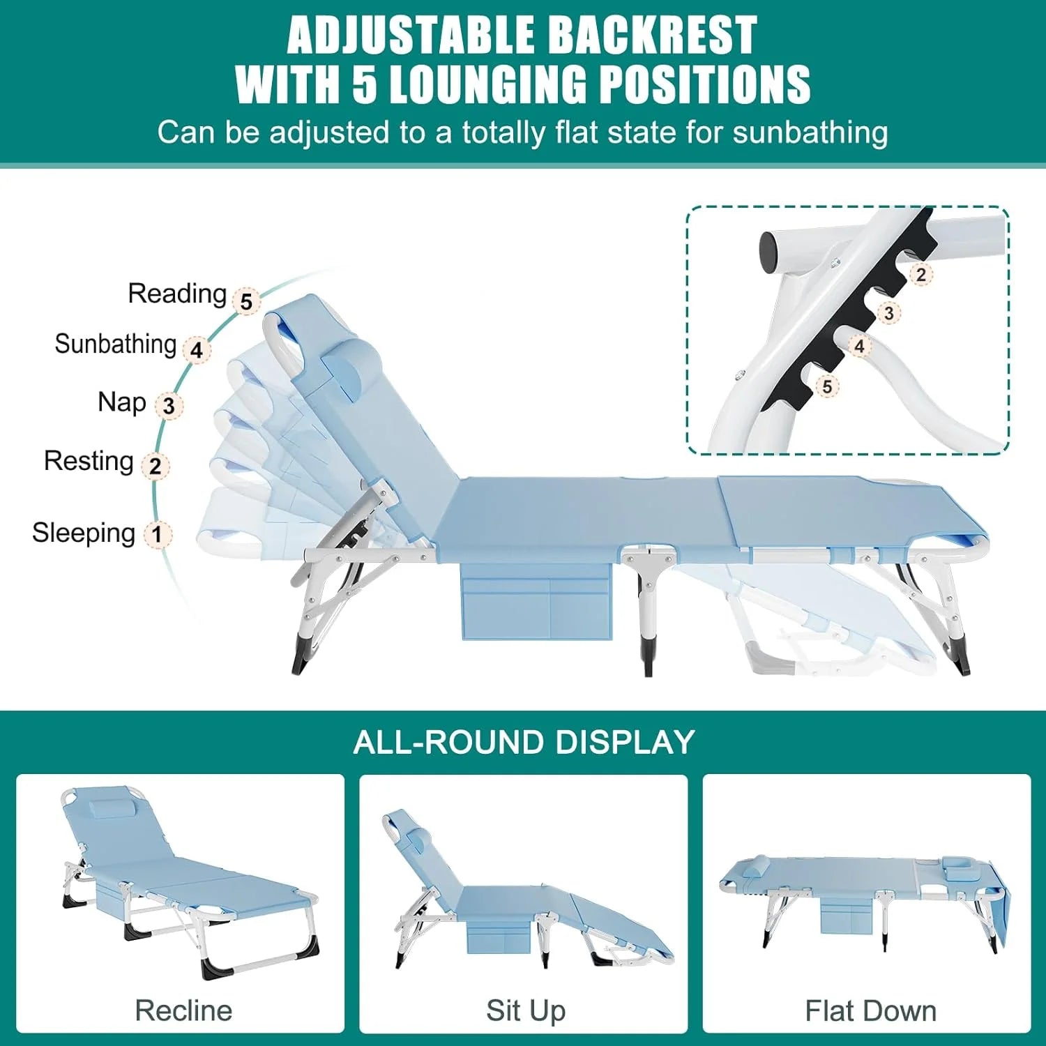 3-In-1 Face down Tanning Chair, Folding Lounge Chair with Face & Arm Hole, 5-Position Adjustable Camping Cot, 2-Sided Cushion, Pillow & Carry Straps for Beach & Outdoor