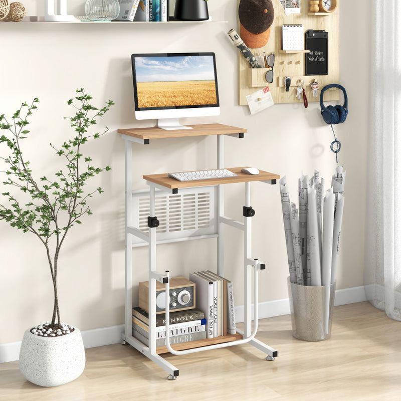 Height Adjustable Mobile Computer Stand-Up Desk with 2 Modes